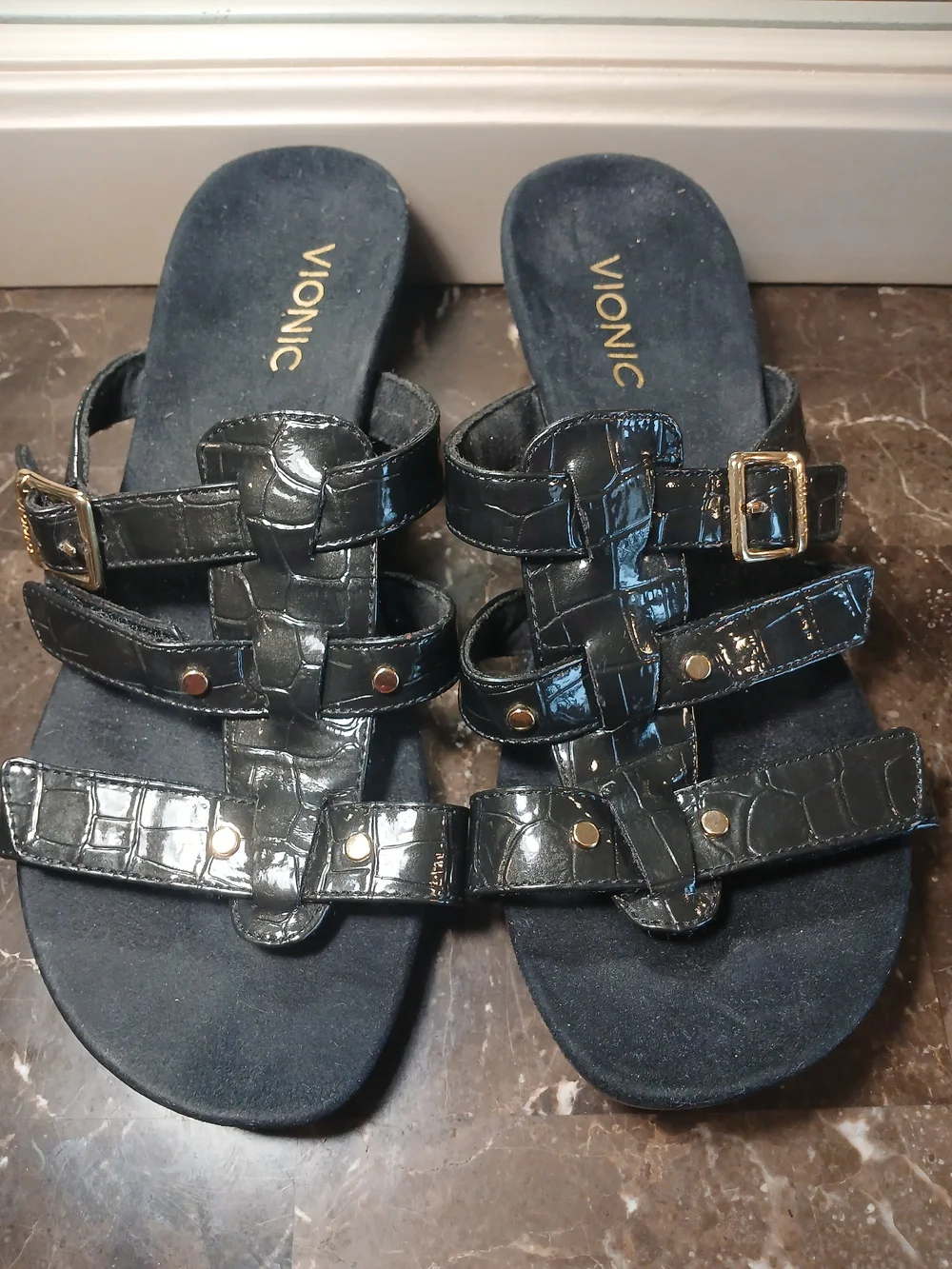 Vionic Black Croc-Embossed Triple Buckle Slide Sandals
